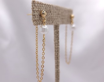 White Pearl and Gold Chain Loop Earrings, PEARLCHAIN G, Hypoallergenic, Clip On Option Available
