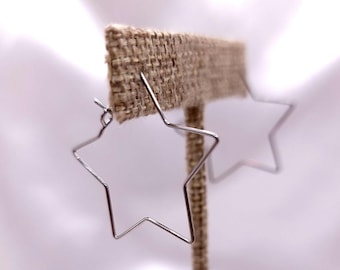 Thin Silver Stainless Steel 1.25" Star Hoop Earrings