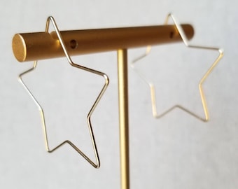 Thin Delicate Gold Star Hoop Earrings, Hypoallergenic 18k Plated Hoops, 1.5&quot; Star Shaped, Celestial Earrings, STAR HOOP