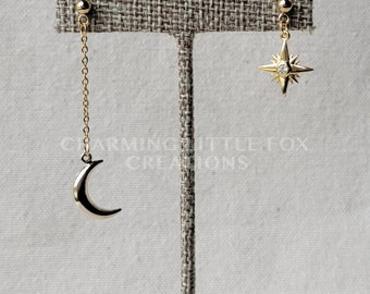 Gold Crescent Moon and Rhinestone Star Asymmetrical Earring Set, Customizable, Hypoallergenic Posts, Clip On Option Available, GOLD MOONSTAR