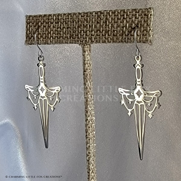 Silver Sword Earrings, DAGGER, Hypoallergenic Hook, Clip On Option Available