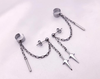 Kunai Star Earring with Cuff, Hypoallergenic, Clip-On Option Available
