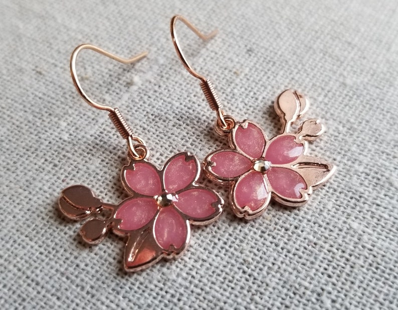 Japanese Rose Gold Sakura Cherry Blossom Earrings Etsy