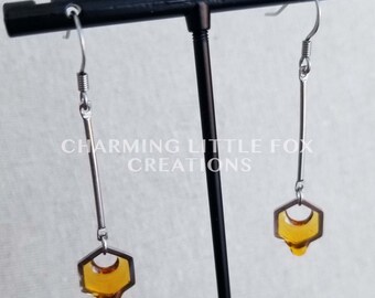 Silver Dripping Honey Earrings, HSE2, Honeycomb Stainless Steel Hypoallergenic Earrings, Non-Pierced Option Available