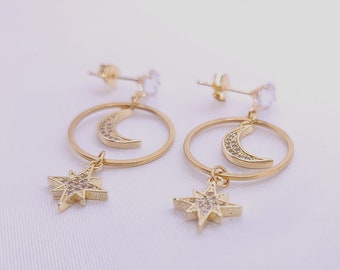 Golden Moon and Star Earring, DREAMER, Hypoallergenic 18k Gold Plated Brass and Cubic Zirconia Stud
