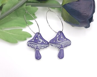 Mystical Purple Mushroom Earrings, MUSH HOOP PR, 1" Thin Delicate Hoops, Hypoallergenic Stainless Steel
