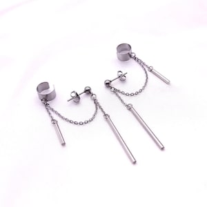 Bar Chain Earring with Cuff, Silver or Gold, Hypoallergenic, Clip-On Option Available
