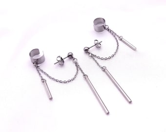 Bar Chain Earring with Cuff, Silver or Gold, Hypoallergenic, Clip-On Option Available