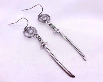 KPOP Silver Katana Earrings, Non-Pierced Option Available