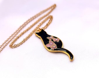 Black Cat Butterfly Resin Necklace, Hypoallergenic Stainless Steel Chain