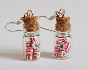 Christmas Peppermint Taffy in Candy Jar Glass Bottle Earrings, Hypoallergenic, Miniature Food Jewelry, XMAS E1