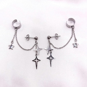Boucle d'oreille étoile à quatre branches avec manchette, hypoallergénique, option à clipser disponible