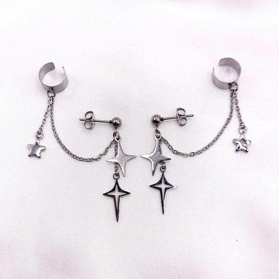 Four Point Star Earring with Cuff, Hypoallergenic, Clip-On Option Available