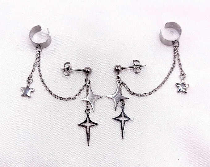 Four Point Star Earring with Cuff, Hypoallergenic, Clip-On Option Available