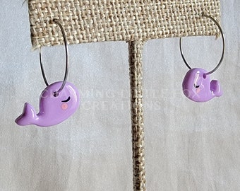 Purple Whale Hoop Earrings, Hypoallergenic, Clip On Option Available