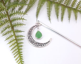 Silver Crescent Moon Hair Stick with Green Teardrop Gem, Hair Accessories