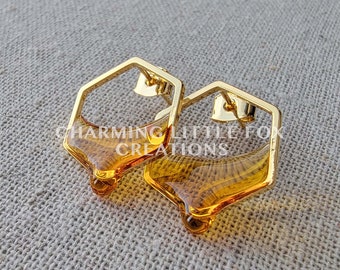 Gold Dripping Honeycomb Earrings, HGE1, Hypoallergenic Earrings, Clip On Option Available