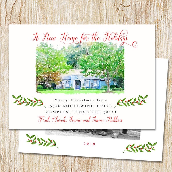 moving Christmas Card - Digital or Printed Cards, Photo Holiday Card, moving announcement, watercolor home painting, DOUBLE SIDED