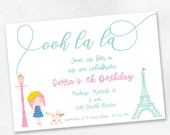 Paris Eiffel Tower Girl Birthday Party Invitation- Digial File or  print yourself