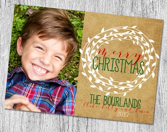 Photo Christmas Card - Digital file or Printed Cards - Photo Holiday Card -  Burlap - wreath