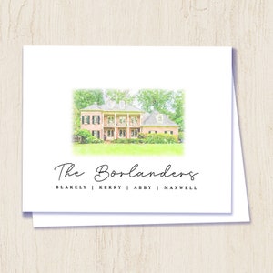 May include: A watercolor illustration of a pink house with white trim and a green lawn. The text "The Borlanders" is written in cursive below the house, with the names "Blakely", "Kerry", "Abby", and "Maxwell" listed underneath.