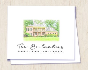 family note card - Folded -  Personalized Family Note Cards - watercolor home portrait - watercolor note cards - family stationery