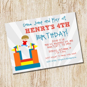 May include: A colorful invitation for a child's 4th birthday party. The invitation features a cartoon illustration of a boy jumping on a bouncy house. The text reads "Come Jump and Play at Henry's 4th Birthday!" and includes the date, time, and location of the party.