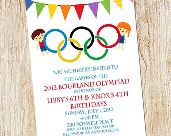 Olympic Party invitation- Olympics Birthday Invitation- Digial File, print yourself - or PRINTED -  Double birthday party - Summer olympics