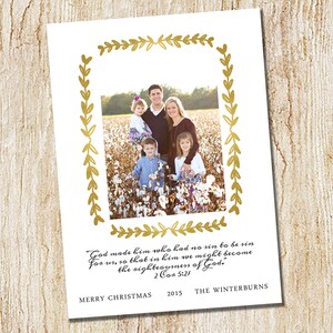 Custom Photo Christmas Card - Digital file or Printed Cards - Photo Holiday Card - Gold leaves - gold wreath - simple - scripture