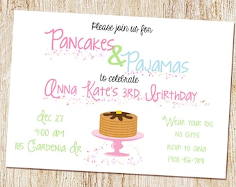 May include: A pink and blue invitation with a stack of pancakes and the text "Please join us for Pancakes & Pajamas to celebrate Anna Kate's 3rd Birthday... Dec 27 9:00 AM 185 Gardenia dr. Wear YOUR PJS, NO Gifts RSVP TO GINA (901) 456-7891"