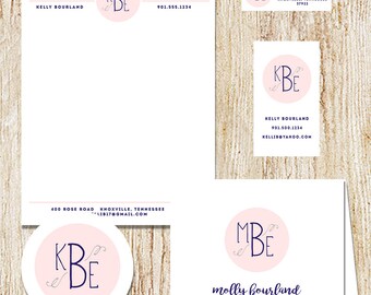 May include: A set of three stationery items featuring pink and blue color scheme. The stationery includes a letterhead with the initials "KBE" in a circle, a business card with the initials "KBE" in a circle, and a note card with the initials "MBE" in a circle. The text on the letterhead reads "KELLY BOURLAND", "400 ROSE ROAD", "KNOXVILLE, TENNESSEE", "LIB17@GMAIL.COM", and "901.555.1234". The text on the business card reads "KELLY BOURLAND", "400 ROSE ROAD", "KNOXVILLE, TENNESSEE", "37922", "901.500.1234", and "KELLIB@YAHOO.COM". The text on the note card reads "molly bourland".