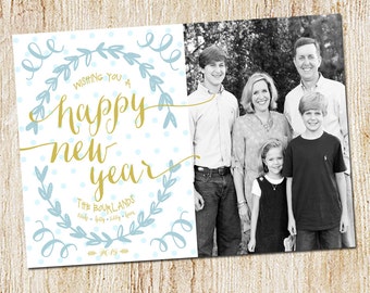 Photo New years Card - Digital file or Printed Cards - Photo new year Card - Blue and gold - typography - calligraphy