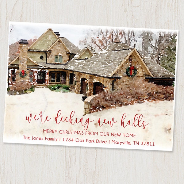 moving Christmas Card - Digital or Printed Cards, Photo Holiday Card, moving announcement, watercolor home painting, DOUBLE SIDED