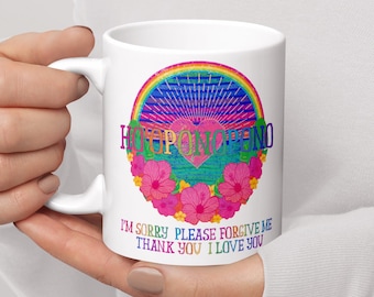 Ho'oponopono Mug, Hawaiian Prayer Mug, Rainbow Mug, Rainbow Gift, Rainbow Coffee Cup. Mindfulness Gift, Housewarming Gift, Boho Hippie Mug