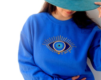 Sweat-shirt brodé Evil Eye - Magical Vibes Witchy Sweater All Seeing Eye Broderie sur une esthétique hippie mystique Royal Blue Crewneck