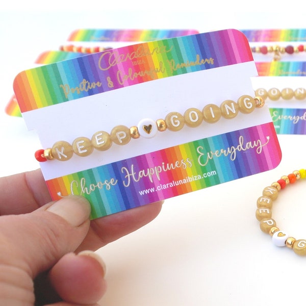 Keep Going Letter Bead Bracelet - A Positive and Happy Bead Bracelet with a Gold Heart Charm. Rainbow Bracelet. Mental Health Awareness.