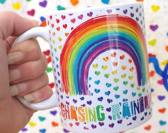 Chasing Rainbows Mug - A bright and happy rainbow mug for rainbow chasers. Rainbow lovers. Gay Pride. Lgbt Gift. Motivational Mug. Happy Mug