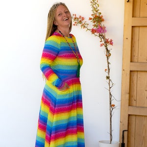 Floral Rainbow Stripe Long Sleeve Midi Dress A Bright Colourful Boho Rainbow Dress Happy Rainbow Flowers Stripe Design Hippie Dress Festival