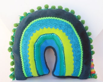 Rainbow Accent Cushion -  Teal, Turquoise & Lime Funky Plush Rainbow Pillow trimmed with colourful ric rac, sequins and pom poms.