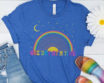 One Day at a Time T-Shirt Graphic Rainbow Tshirt Positive Vibes Affirmation Motivational Sun Moon Stars Retro Hippie Tee Addiction Recovery