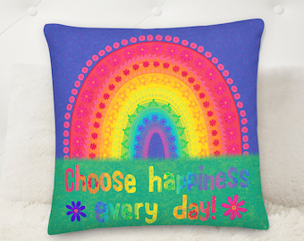 Floral Rainbow Pillow, Boho Throw Pillow, Rainbow Cushion, Affirmation Accent Cushion, Rainbow Flowers Decorative Pillow, Rainbow Gift