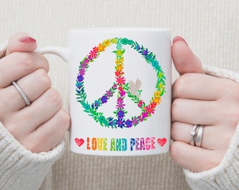 Floral Peace Sign Mug, Rainbow Flowers Peace Sign, Gift Peace Sign, Peace Sign Coffee Mug. Peace Sign Cup, Housewarming Gift, Boho Hippie