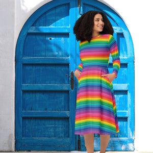 Rainbow Stripe Long Sleeve Midi Dress - A Bright and Colourful Rainbow Dress made with my happy rainbow stripe design. Hippie Dress.