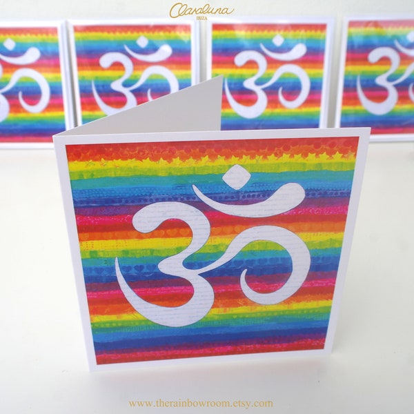 Rainbow Om Art Greetings Card-  A  colourful and positive greetings card from my original mixed media painting