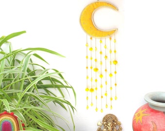 Crescent Moon Wall Hanging -  A Magical Yellow Moon with, beads & pom poms. Moon Phase Decor