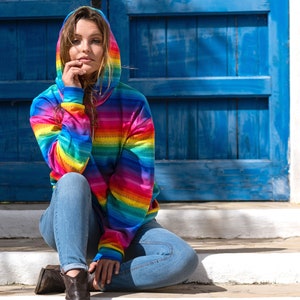 Rainbow Stripe Hoodie - A Bright and Colourful Rainbow Hoodie made with my happy rainbow stripe design. Hippie Hoodie. Festival Hoodie.