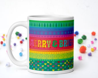 Rainbow Christmas Mug Merry and Bright Christmas Coffee Mug Colorful Cup Festive Gift Retro Hippie Vibes Rainbow Aesthetic Gay Holiday Mug