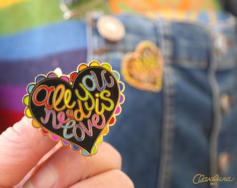 All You Need Is Love Rainbow Enamel Pin - A happy & colourful love heart enamel pin badge from Claraluna Ibiza with a positive affirmation.