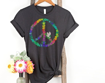 Floral Rainbow Peace Sign T-Shirt- A Colourful Rainbow of Flowers in a Peace sign.  Womens Hippie Tshirt. Graphic Tee. Love Peace Happiness