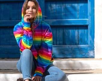 Rainbow Stripe Hoodie - A Bright and Colourful Rainbow Hoodie made with my happy rainbow stripe design. Hippie Hoodie. Festival Hoodie.